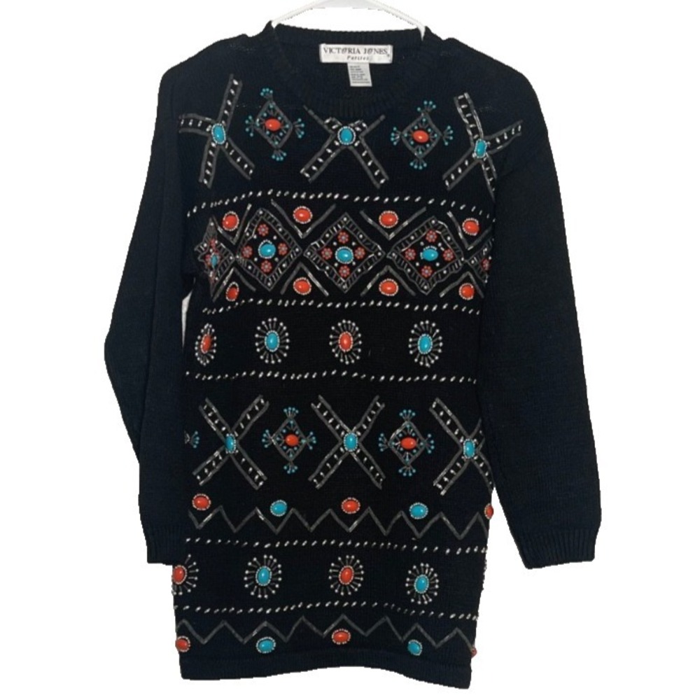 VTG Victoria Jones Sweater Women's Sm Petite Black Beaded Embellished Southwest